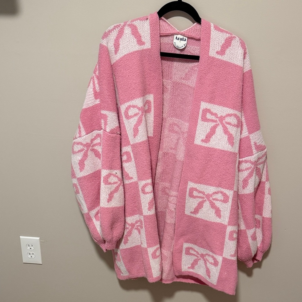 ARULA Pink and Cream Bow-Block Open Cardigan